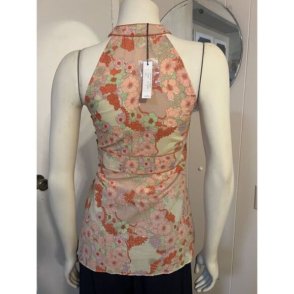 How & Wen Womens Small Top Pastel Floral Halter 100% Cotton Side Button NWT - Picture 4 of 7